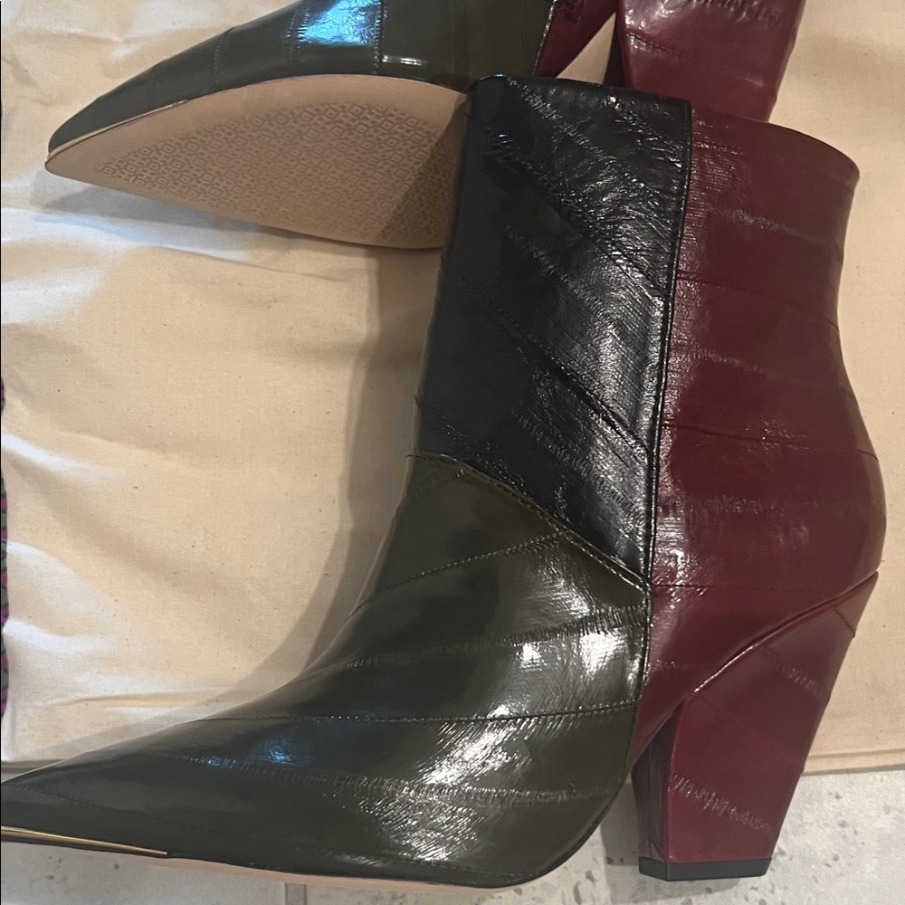 Tory Burch “Rare” Shiny Black, Forest green and Burgundy Ankle Booties